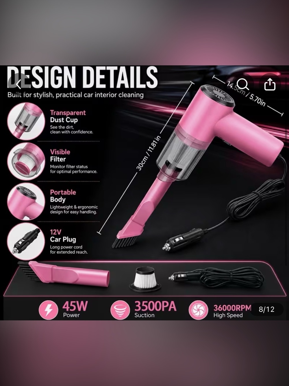 Portable Pink Car Vacuum Cleaner with 12V Car Plug